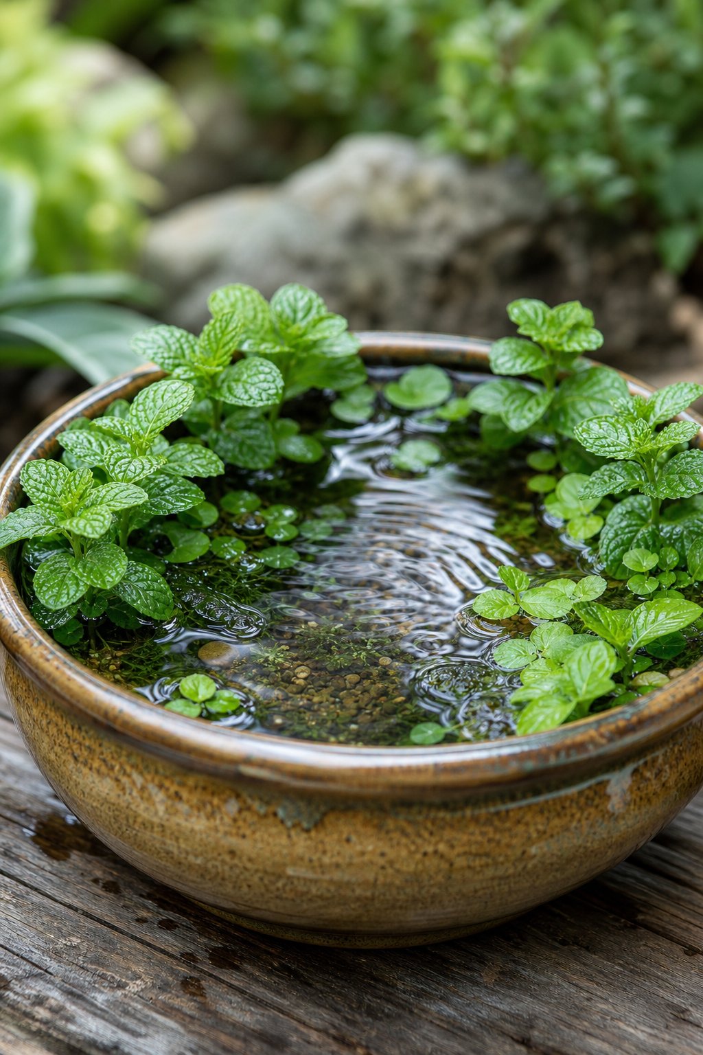 A small shallow pond in a glazed ceramic pot filled with water mint plants outdoors on a wooden surface.