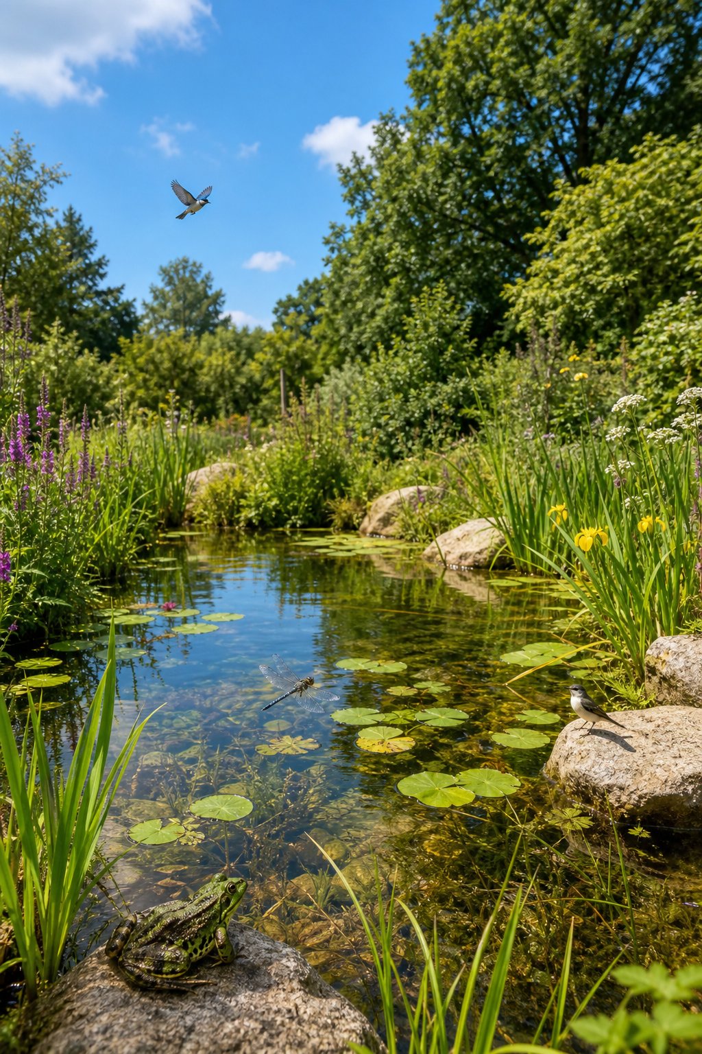 A shallow wildlife pond surrounded by plants, rocks, and small animals like frogs and birds in a natural outdoor setting.