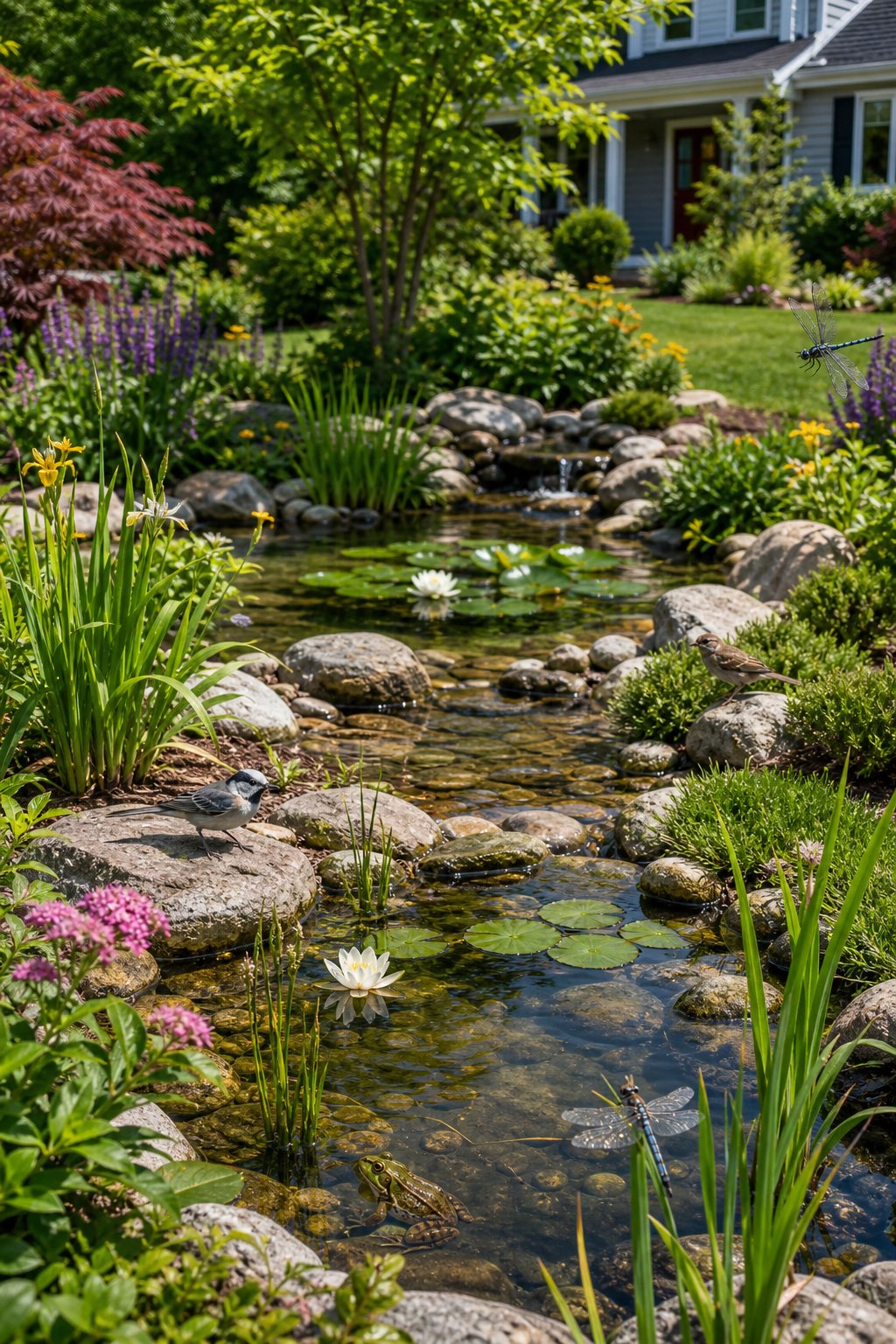 A backyard and front yard with several shallow ponds surrounded by plants, stones, and wildlife like frogs and birds.