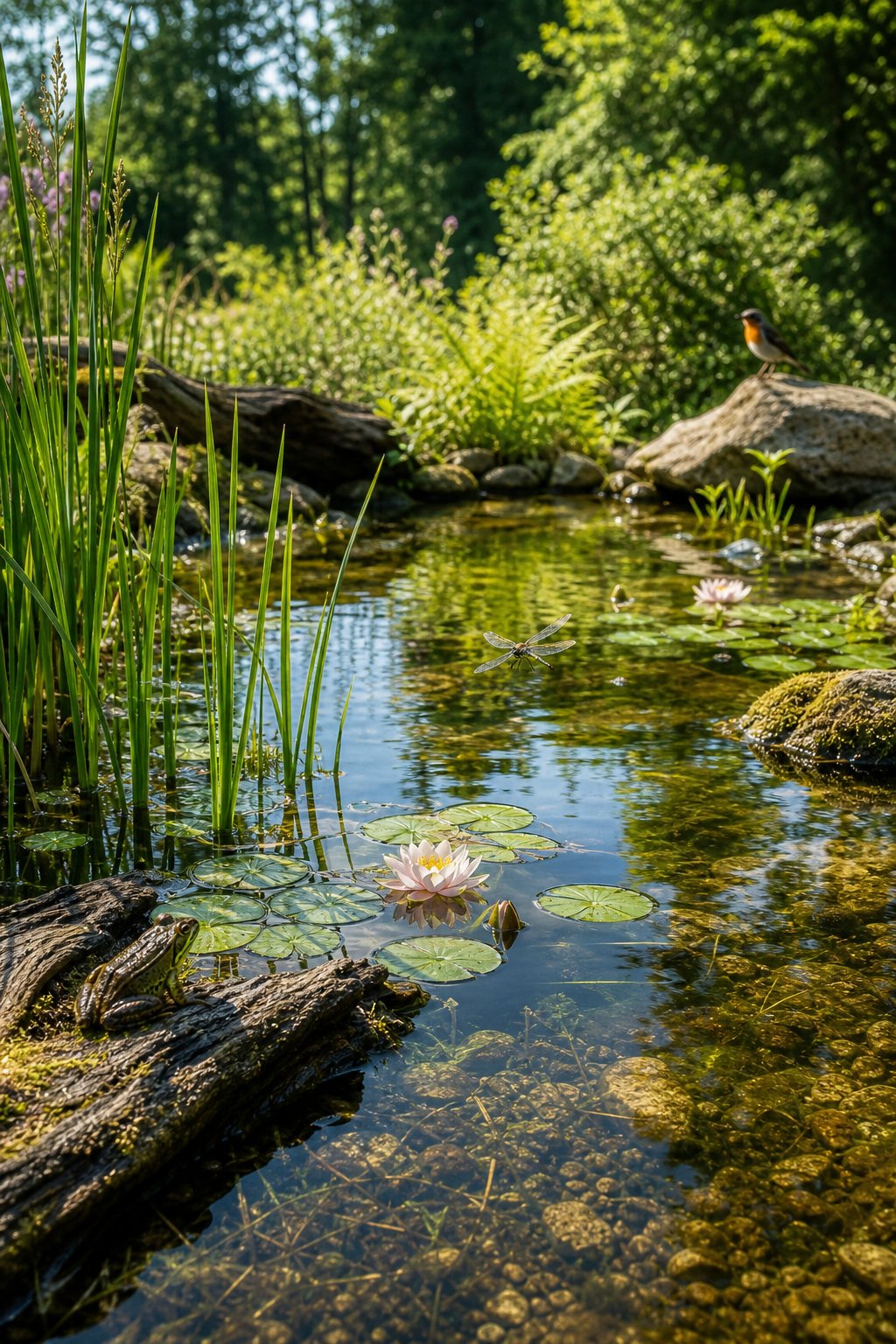 A shallow wildlife pond surrounded by plants, stones, and trees with frogs and dragonflies near the water.