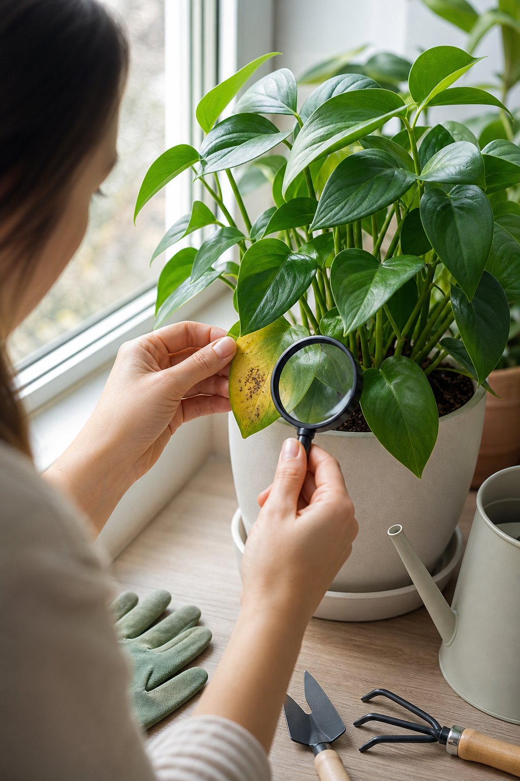 A person examines the leaves of a potted houseplant for early signs of pests or disease.