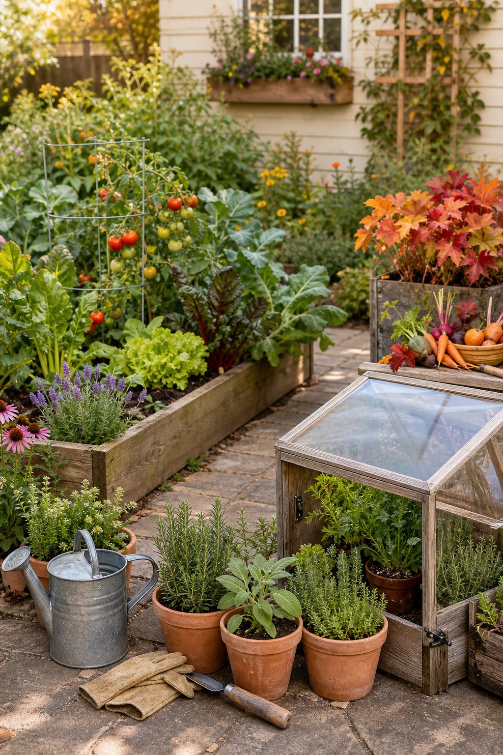 A thriving home garden with healthy plants, seasonal flowers, vegetables, pots, and basic gardening tools.