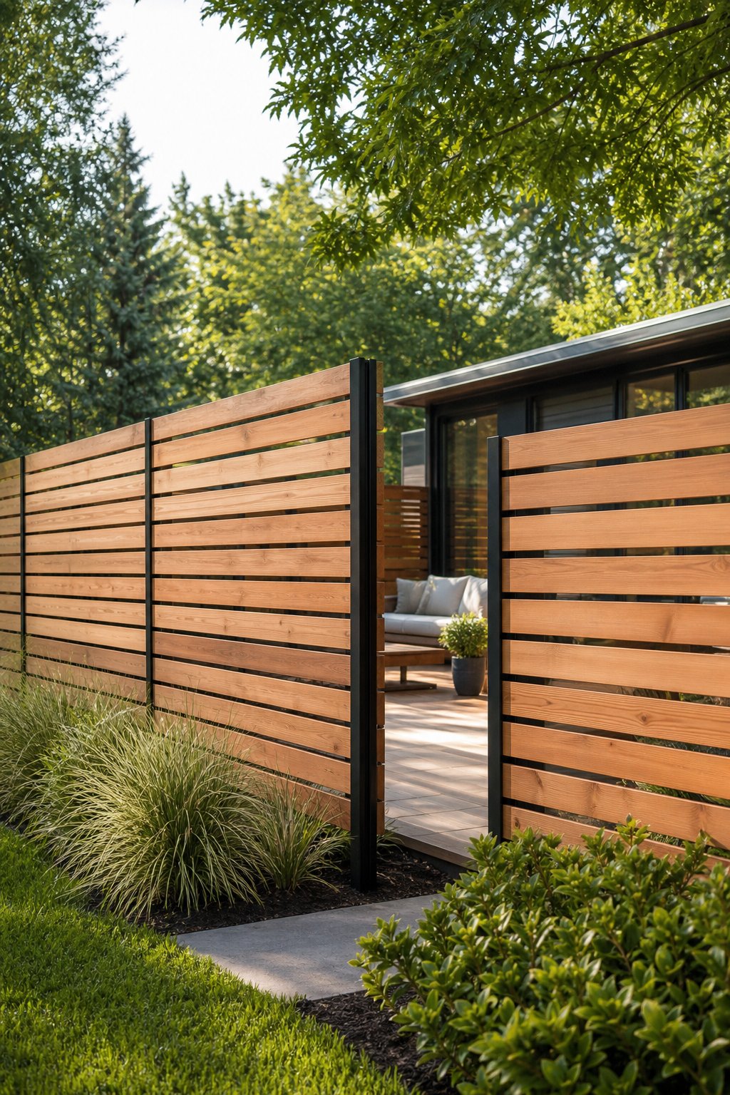 A landscaped backyard with horizontal cedar slat privacy screen panels.