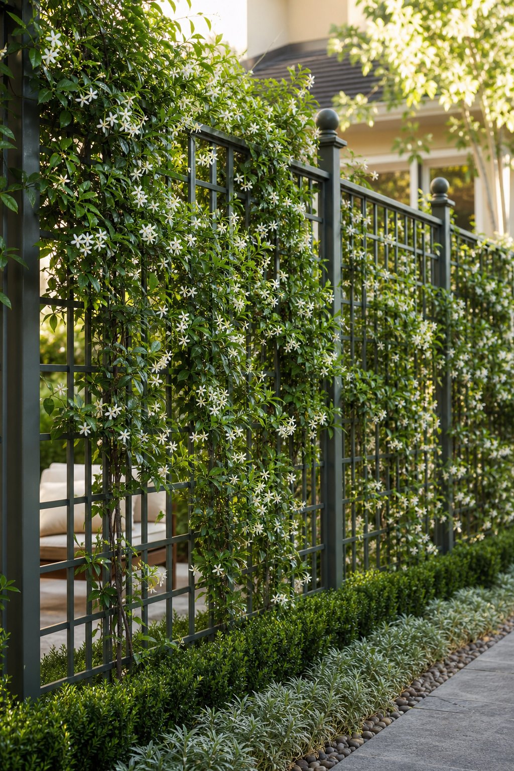 Trellis panels covered with flowering jasmine in a landscaped garden.