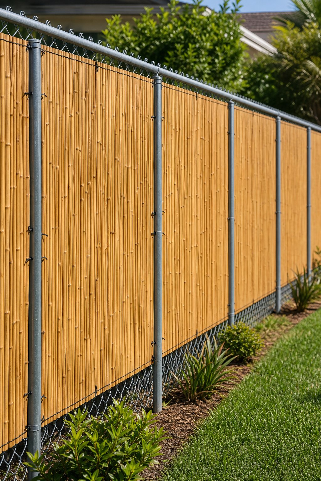 Bamboo reed panels attached to a chain-link fence in a landscaped backyard.