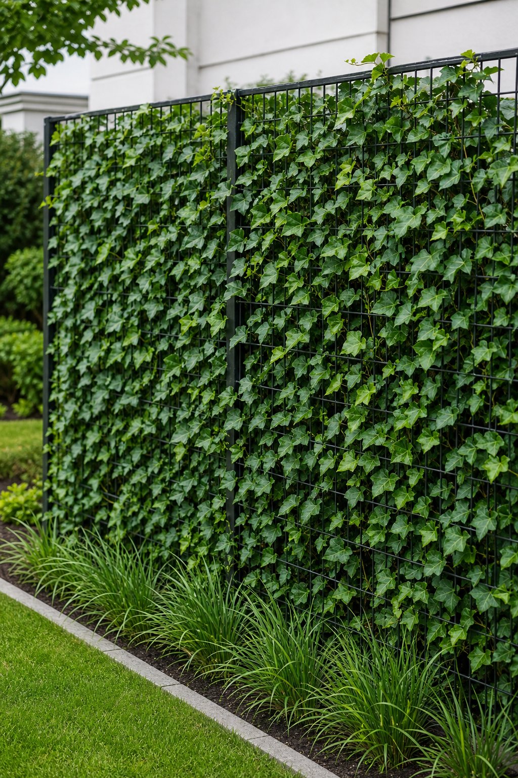 Green ivy growing across a welded wire mesh garden fence.