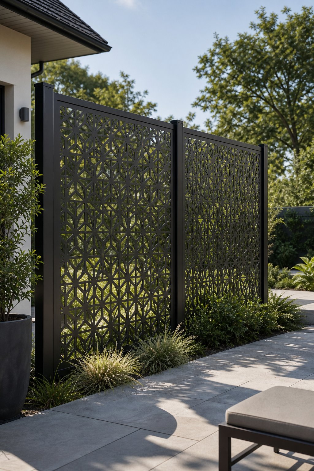 Laser-cut metal privacy panels divide a landscaped garden from a modern patio.