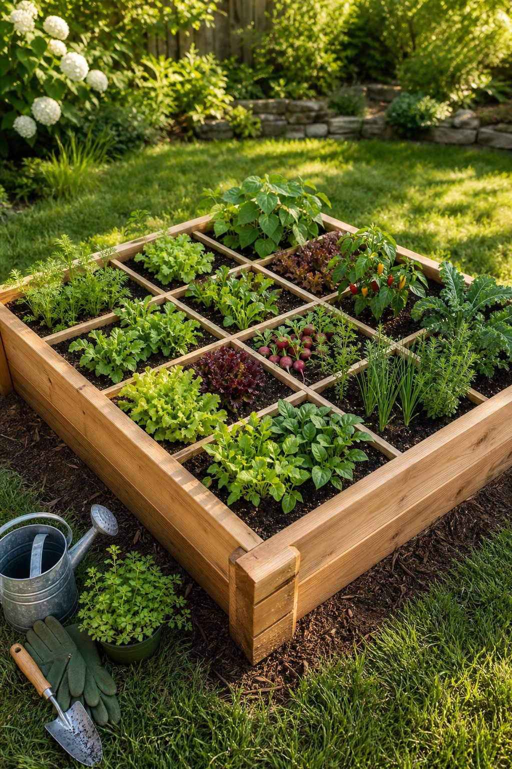 A cedar raised garden bed divided into square sections and filled with healthy small vegetable plants.