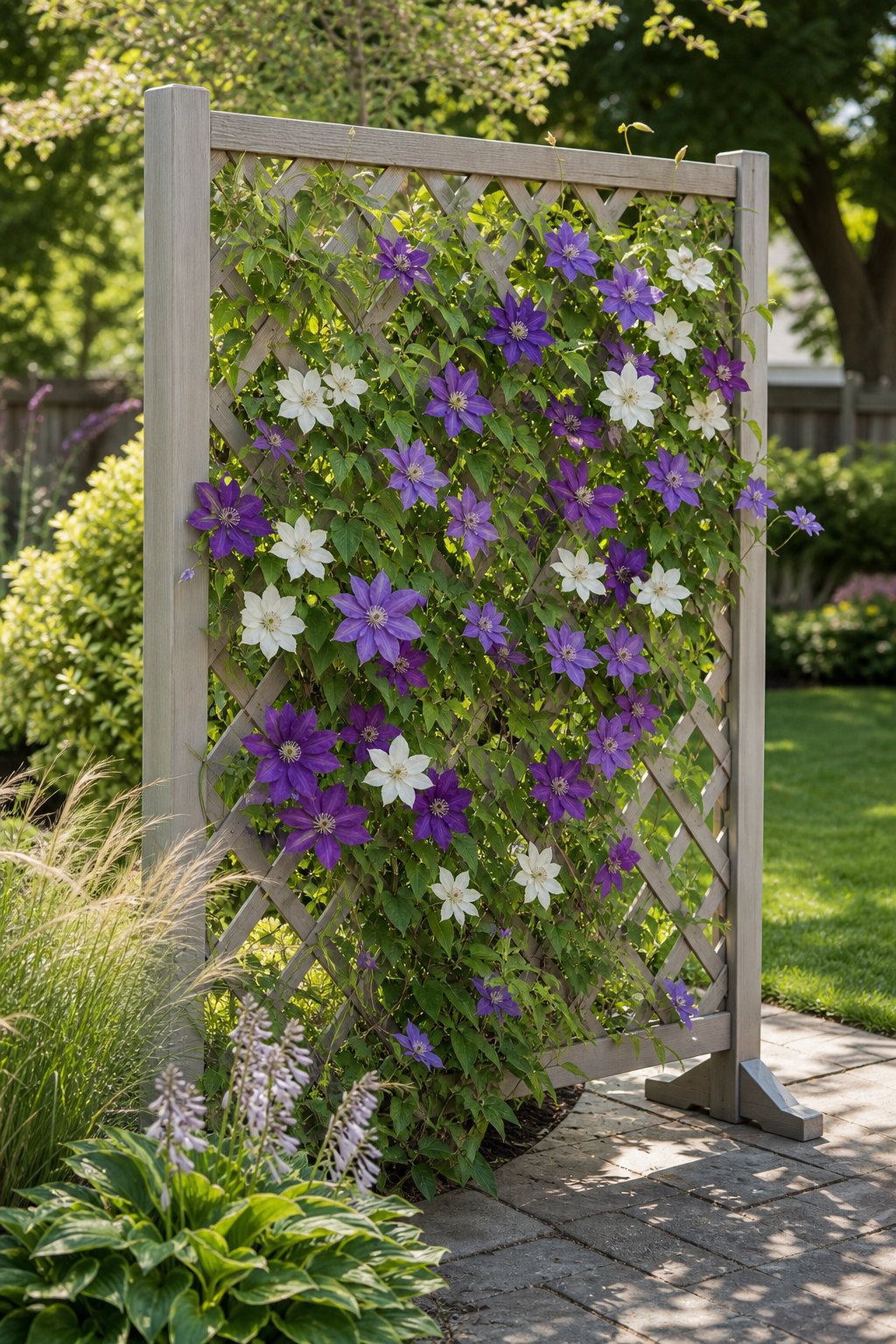 A freestanding garden lattice screen covered with blooming clematis vines in a landscaped backyard.