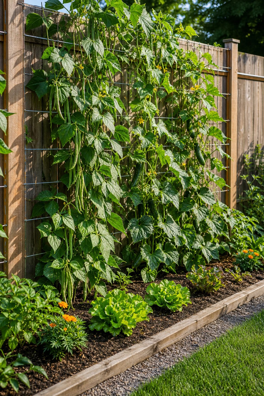 A small vegetable garden with pole beans and cucumbers growing on a trellis attached to a wooden fence.