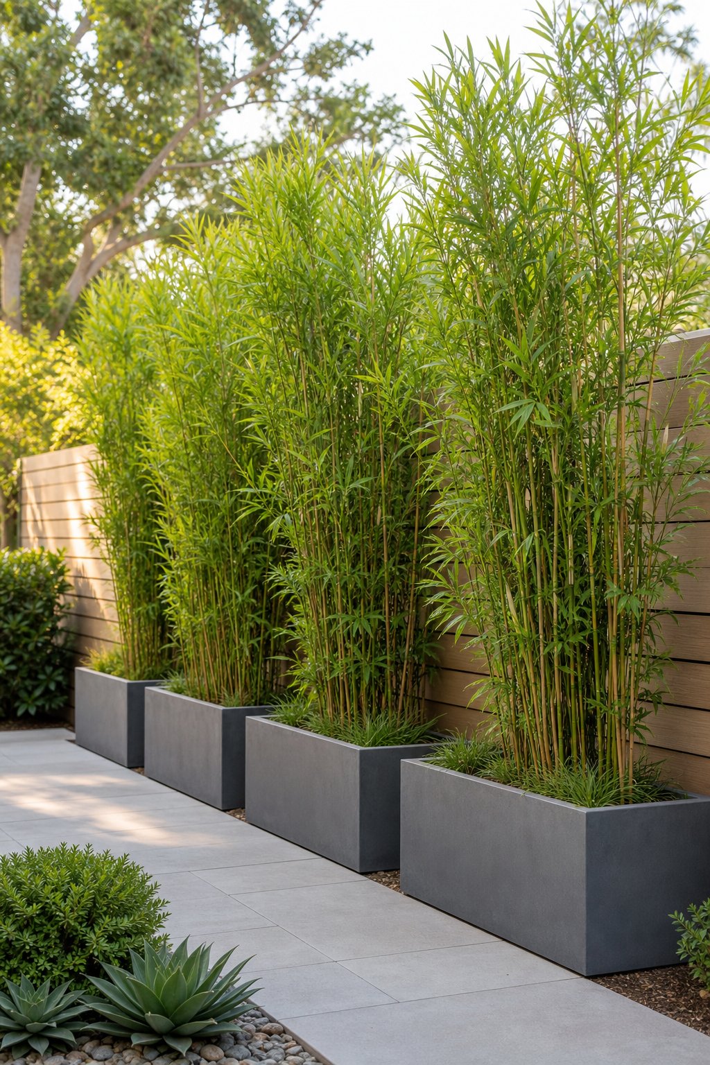 Tall planter boxes filled with lush clumping bamboo line a residential fence.