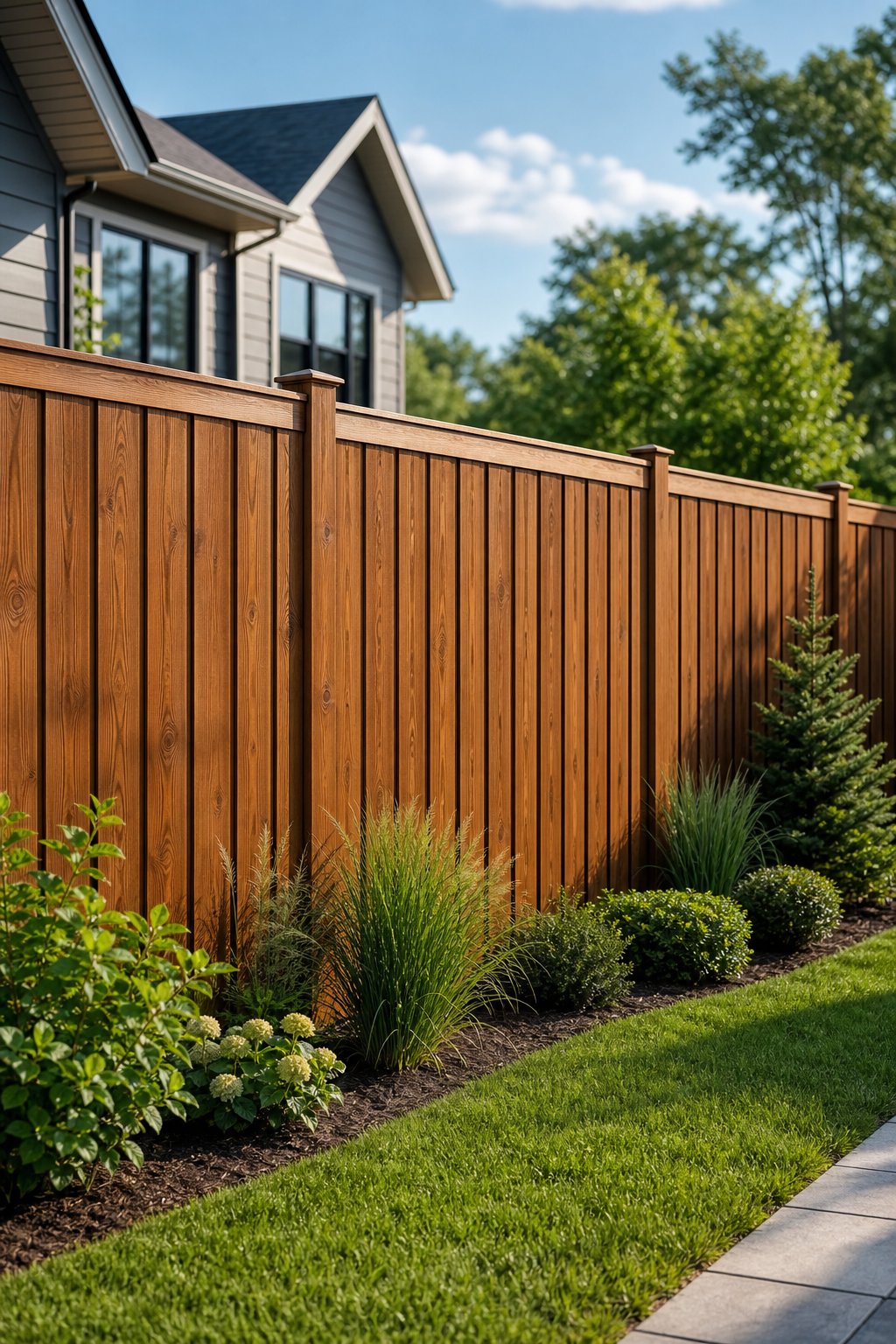 A board-on-board wooden privacy fence enclosing a landscaped residential backyard.