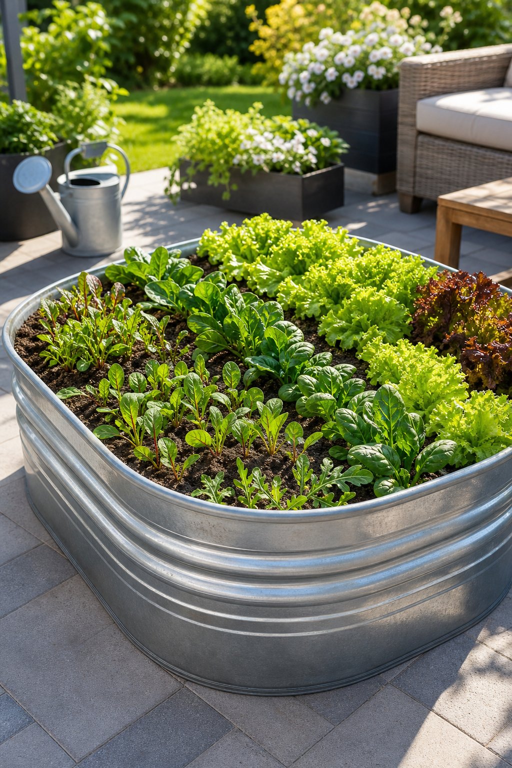 A galvanized metal stock tank filled with leafy salad greens in a sunny backyard garden.