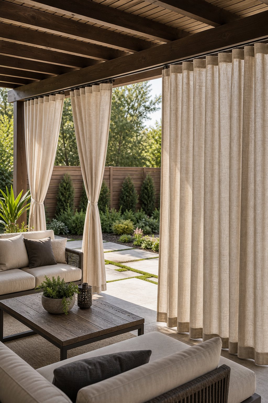 Outdoor pergola with neutral curtain panels providing privacy beside a garden fence.