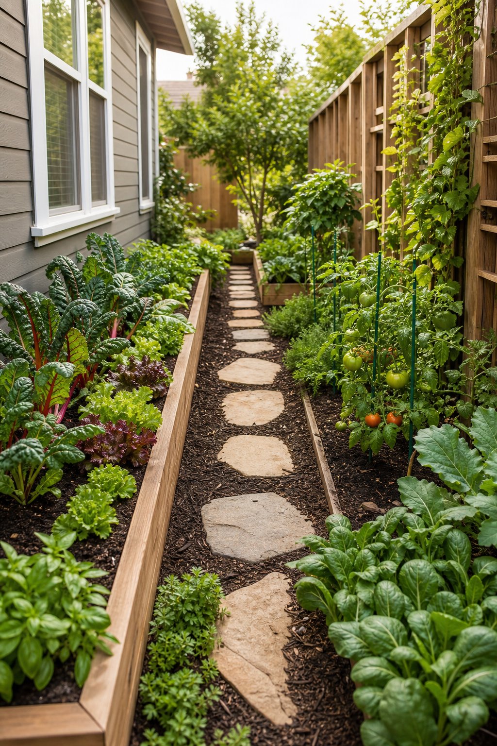 A narrow side-yard vegetable garden with raised beds, leafy plants, and stepping stones between a house wall and fence.