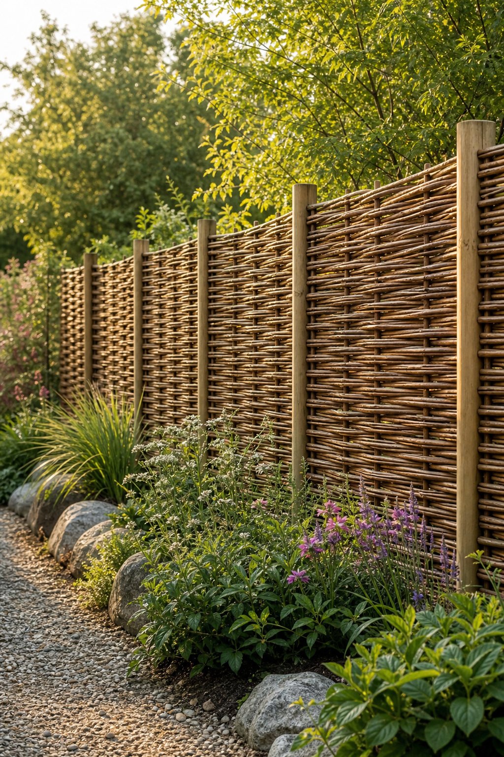 Natural willow hurdle fence panels screening a lush garden beside a pathway.