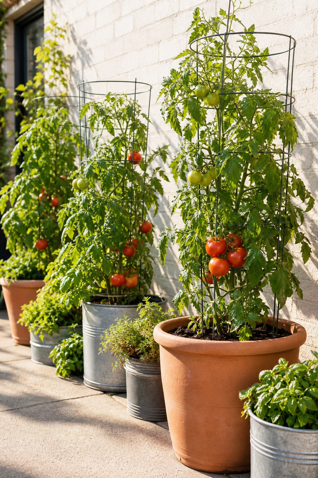 Tomato plants growing in caged containers along a sunny exterior wall.