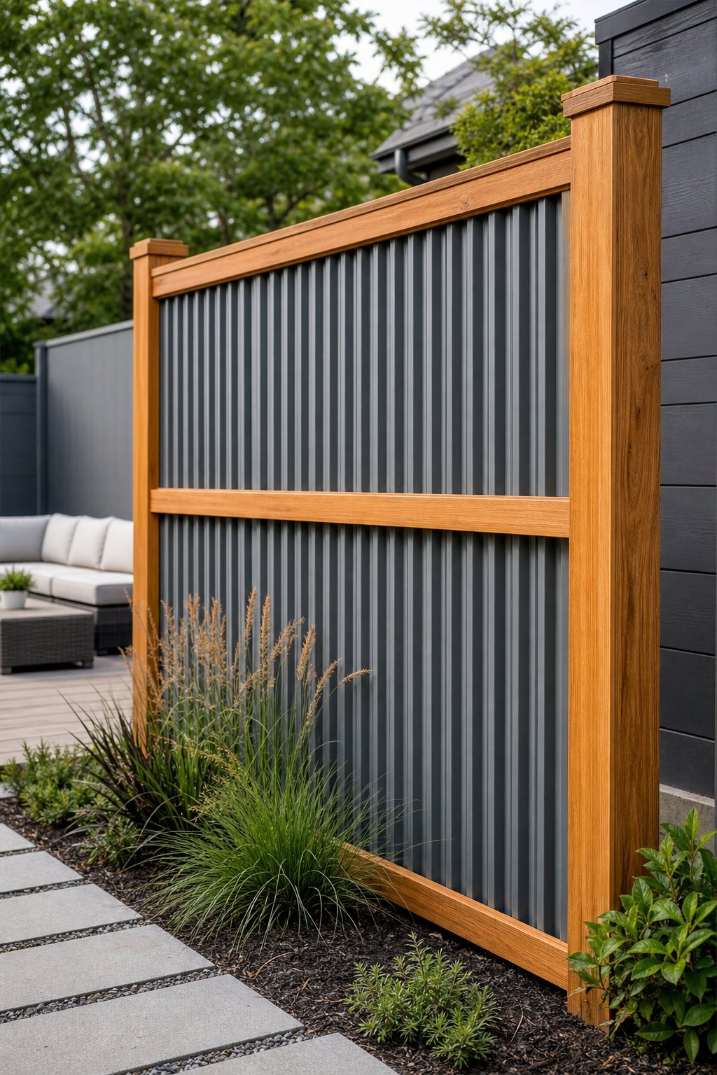 A corrugated metal privacy fence framed with natural wood in a landscaped backyard.