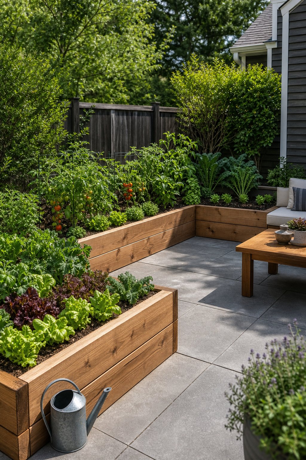 An L-shaped raised vegetable garden bed surrounds two sides of a backyard patio.