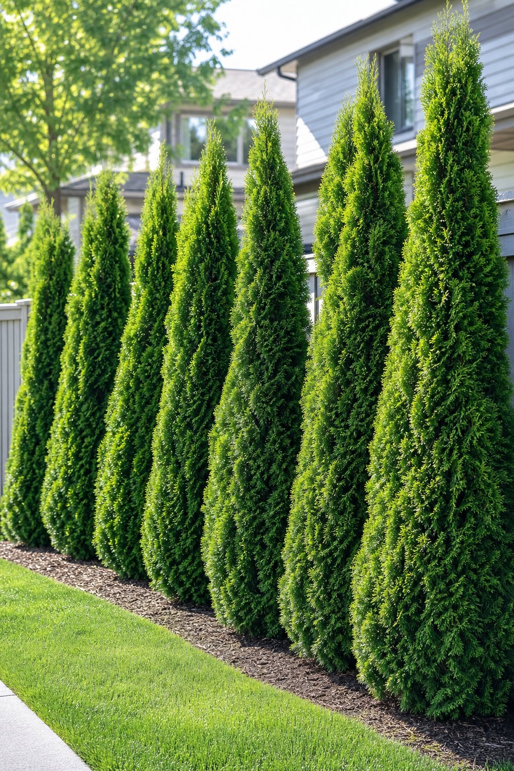 A row of tall green arborvitae trees forms a dense privacy screen along a landscaped yard.