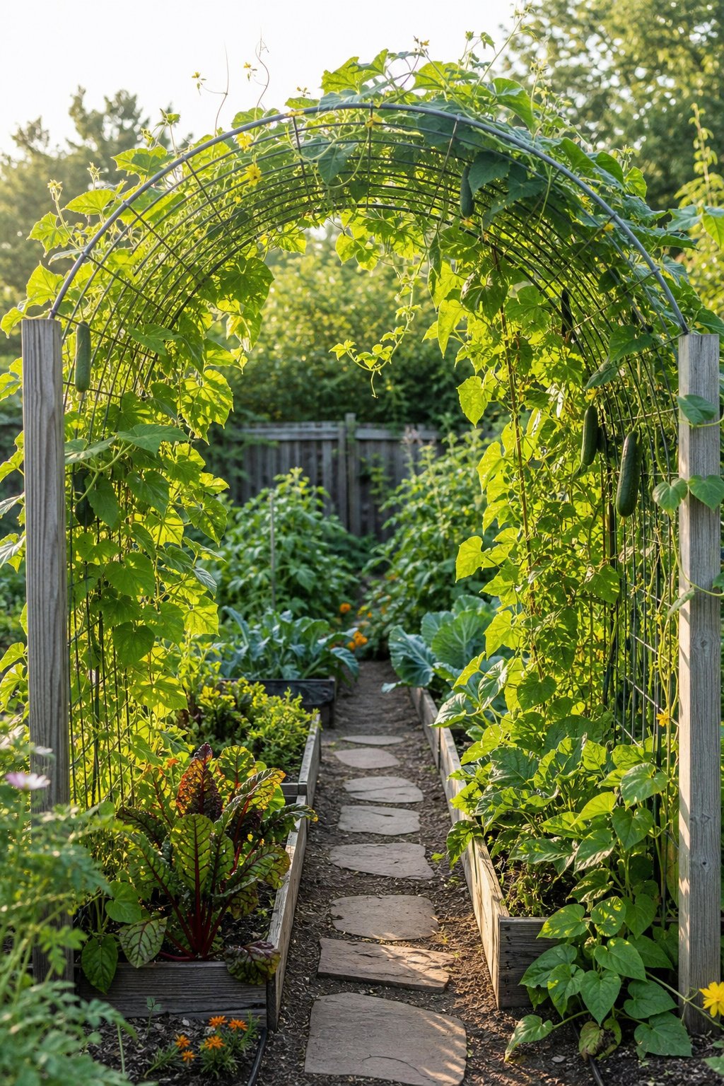 A leafy cattle-panel arch trellis spans a garden path between raised vegetable beds.