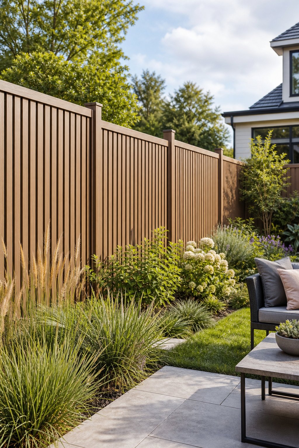 A landscaped backyard with a modern composite fence creating privacy along the garden.