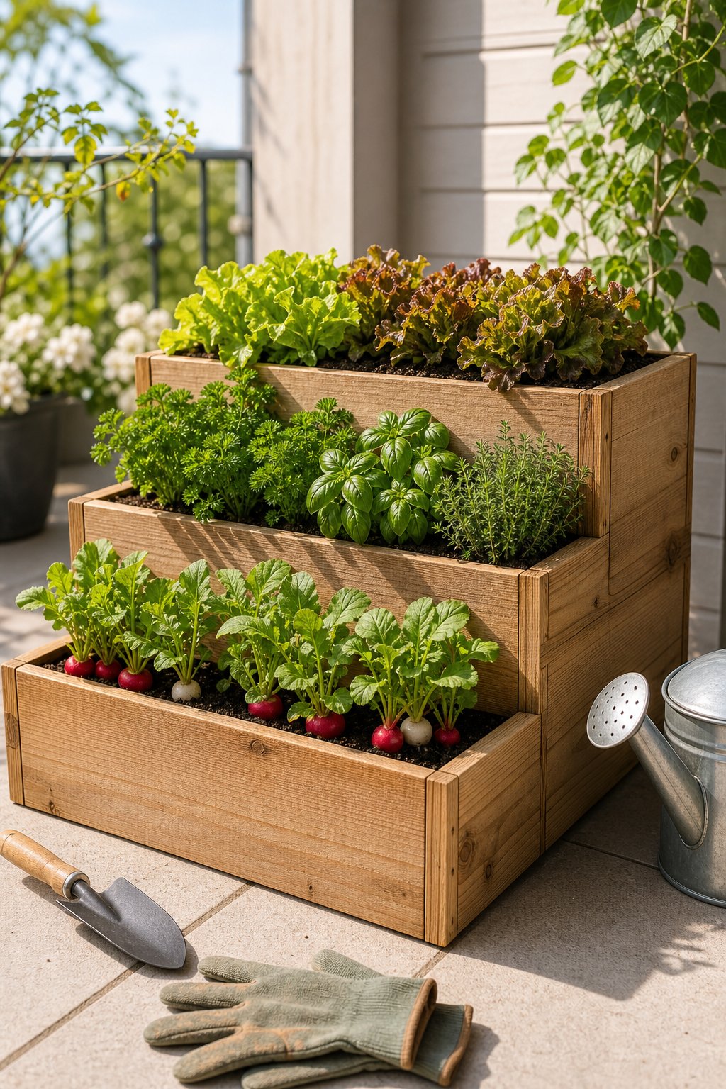 A tiered wooden planter filled with lettuce, herbs, and radishes on a sunny patio.