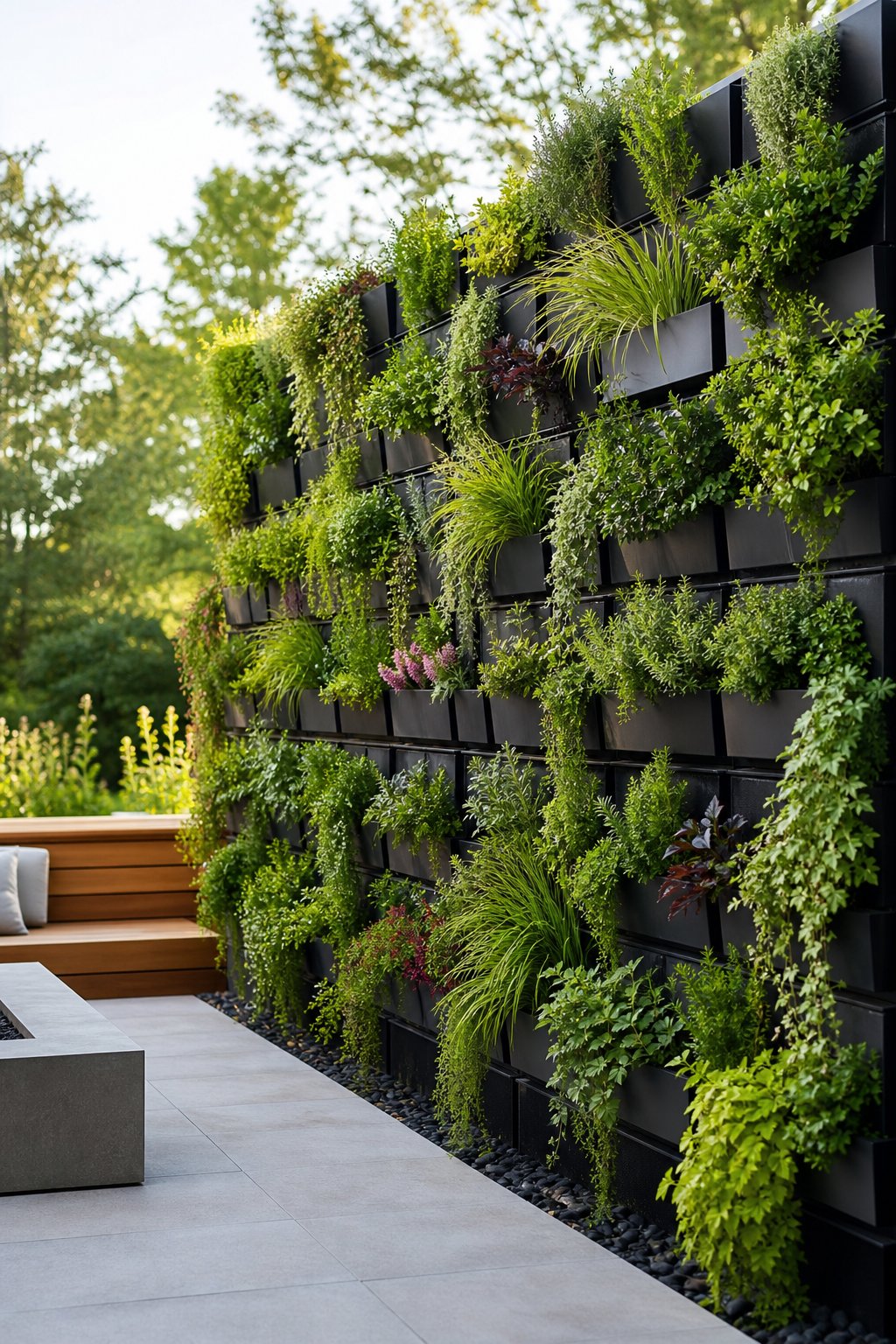 A lush vertical garden wall made of modular planters forms a green privacy screen in a modern backyard.