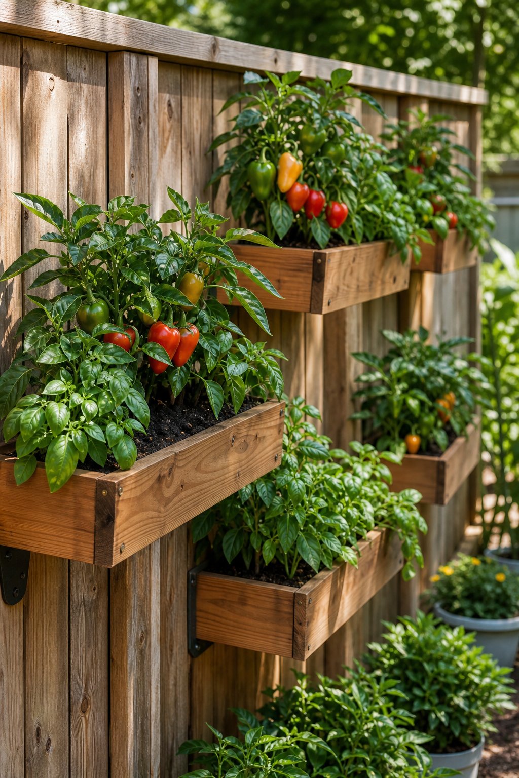 Planter boxes mounted on a wooden fence containing pepper plants and basil.