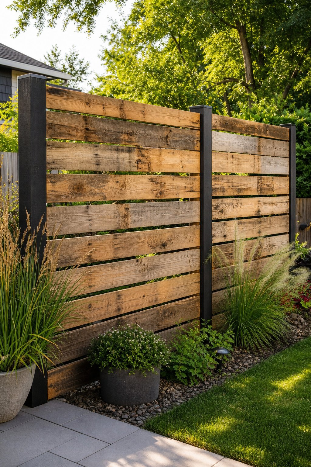 A reclaimed wood privacy screen separates a landscaped backyard garden from a patio area.
