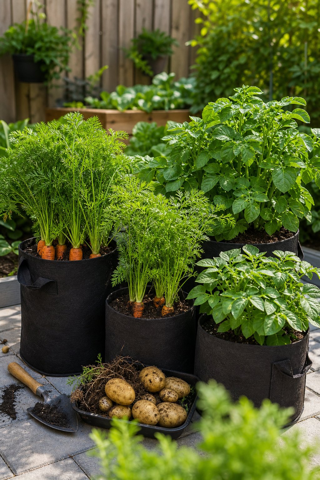 Fabric grow bags filled with healthy potato plants and carrot tops in a small sunny garden.