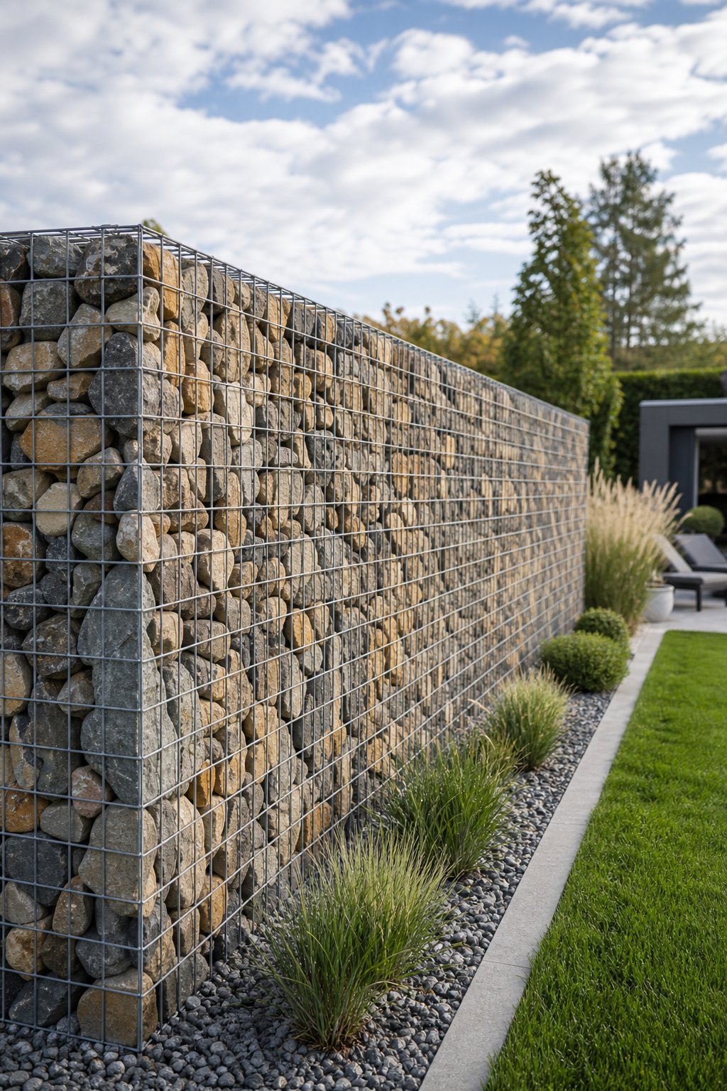 A gabion wall filled with natural stones borders a landscaped garden.