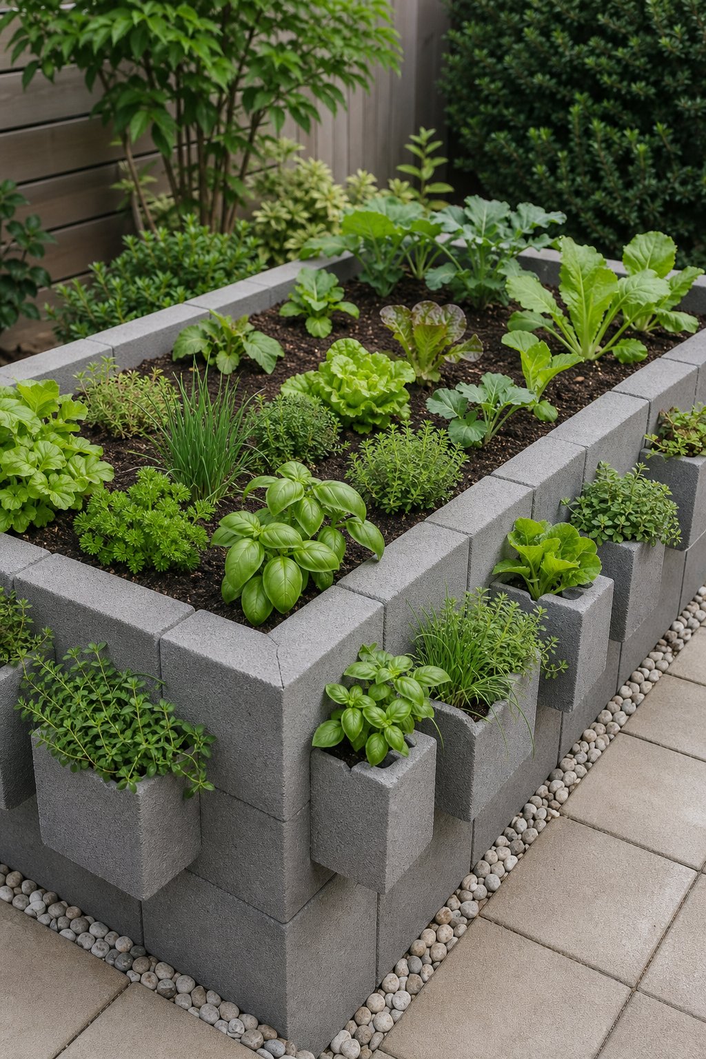 A concrete block raised garden bed filled with vegetables and herbs growing in built-in planting pockets.