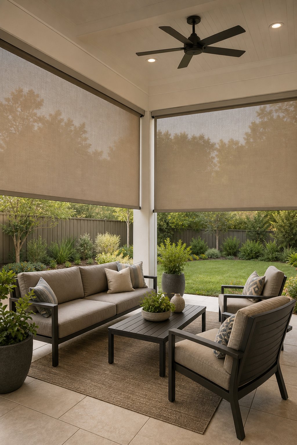 Covered patio with outdoor roller shades and seating beside a landscaped yard.