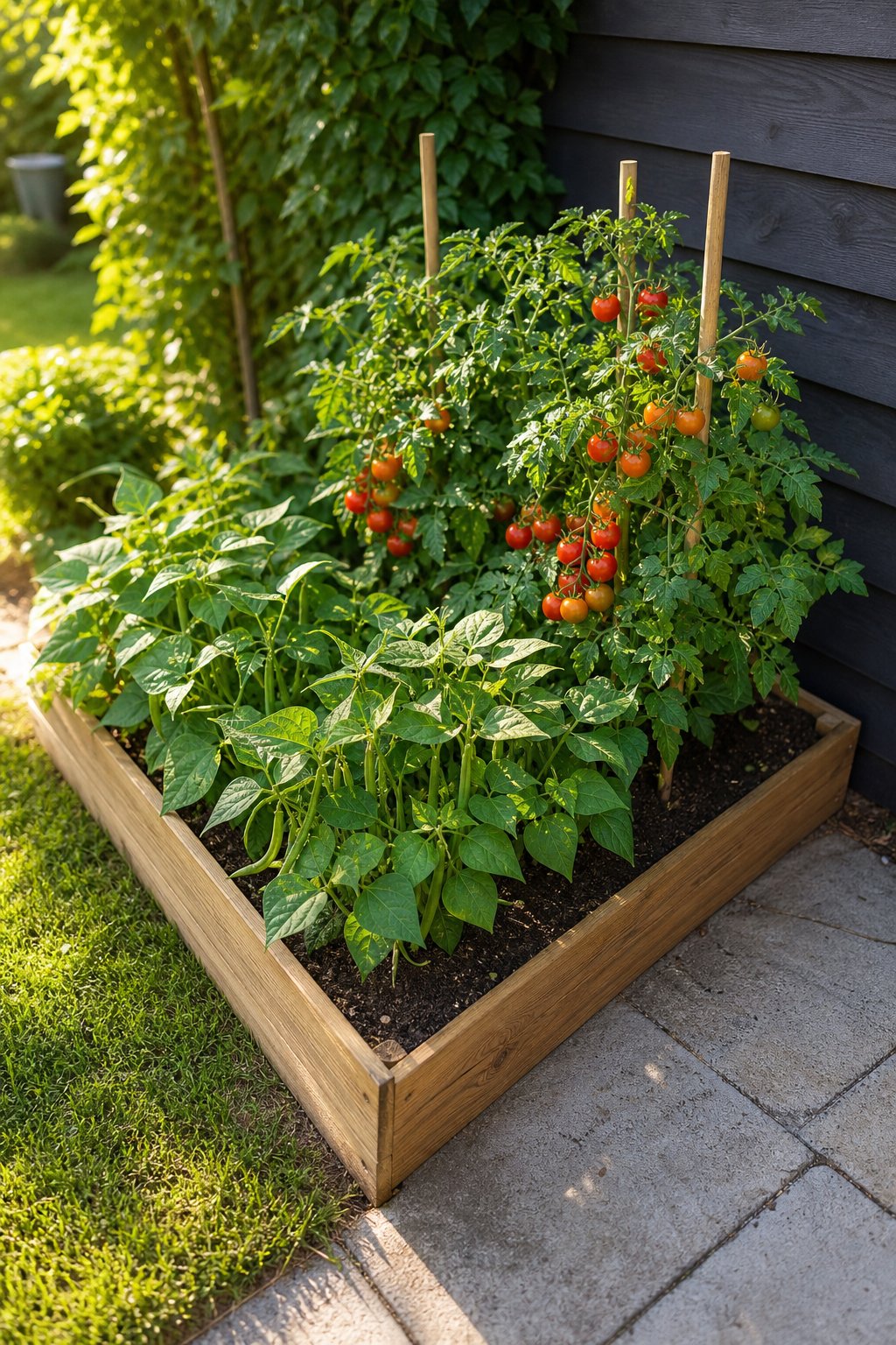 A triangular corner garden bed filled with bush beans and cherry tomato plants.