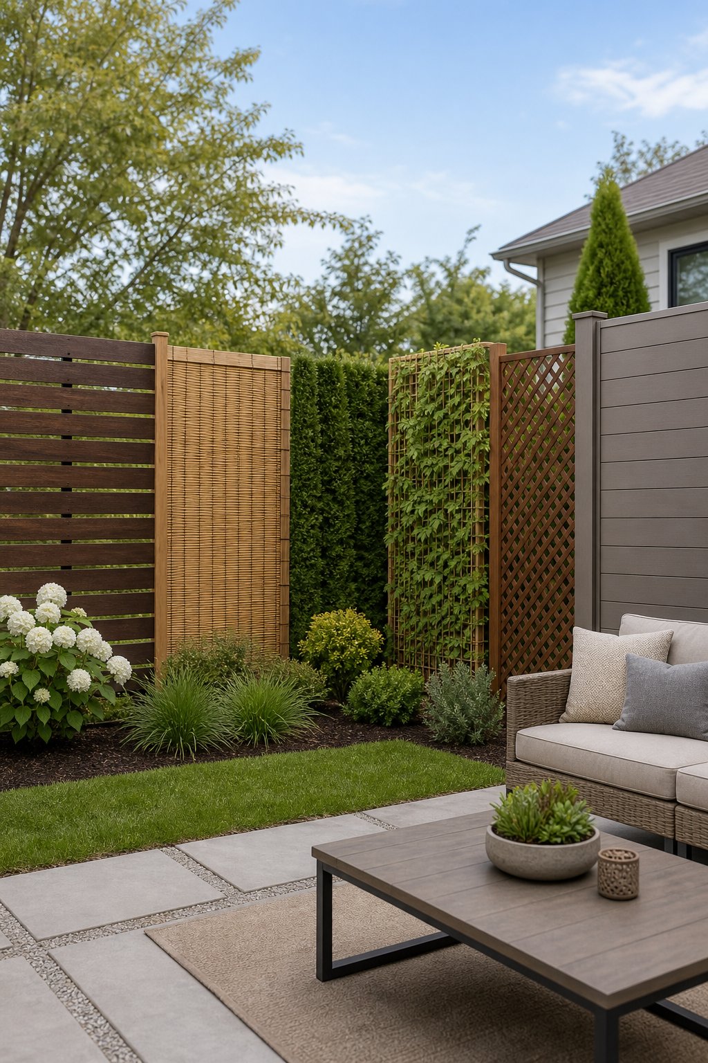 A landscaped backyard displaying several styles of fence screens, including wood panels, bamboo, greenery, lattice, and composite fencing.