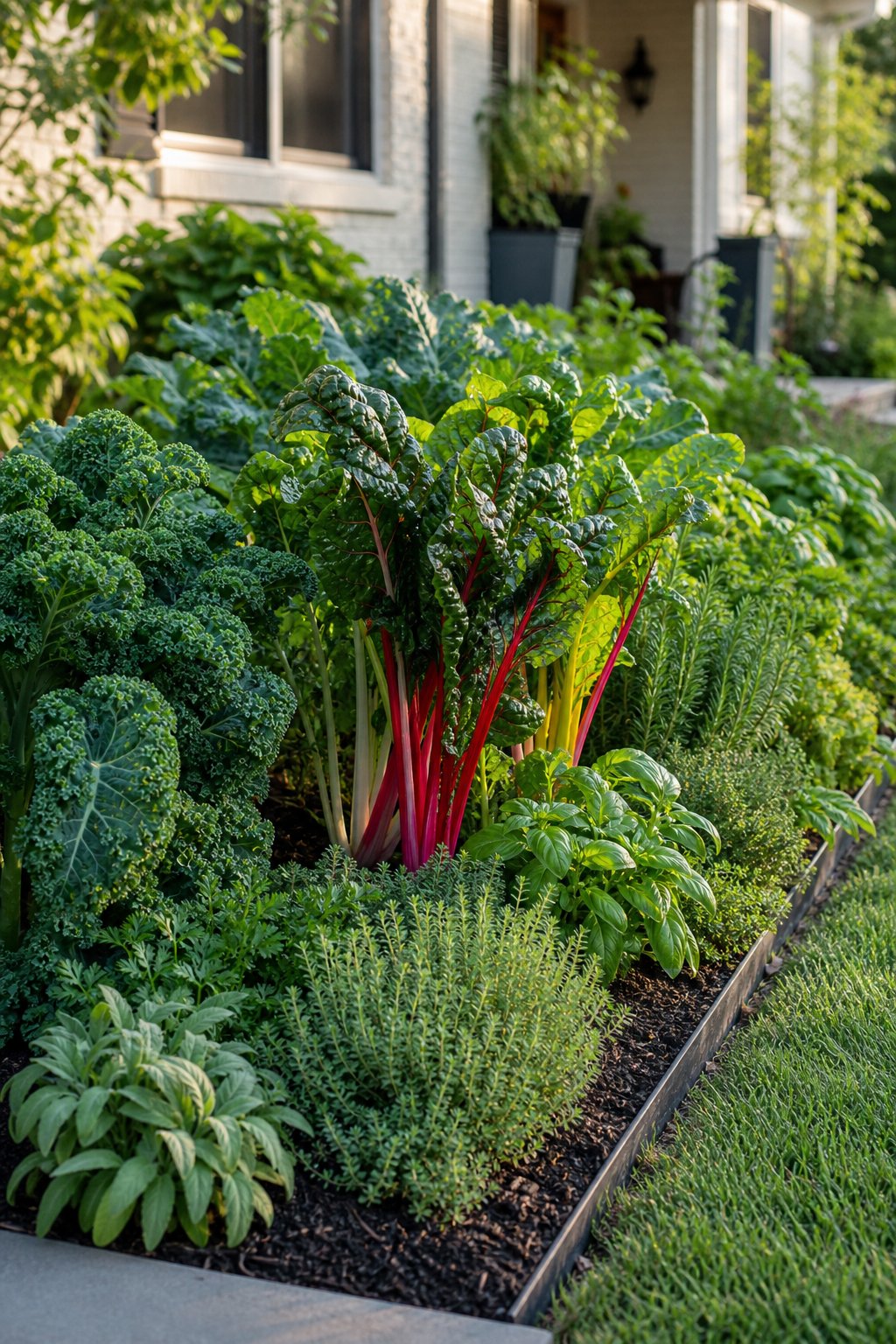 A neat front-yard garden border filled with kale, colorful Swiss chard, and assorted herbs beside a lawn and walkway.