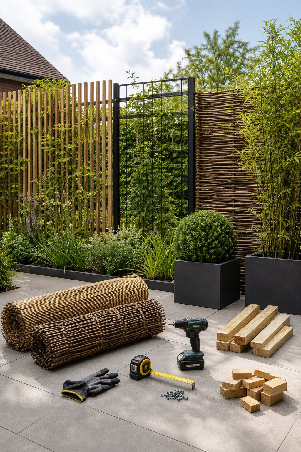 Garden boundary with screening materials, tools, and plants prepared for installation.