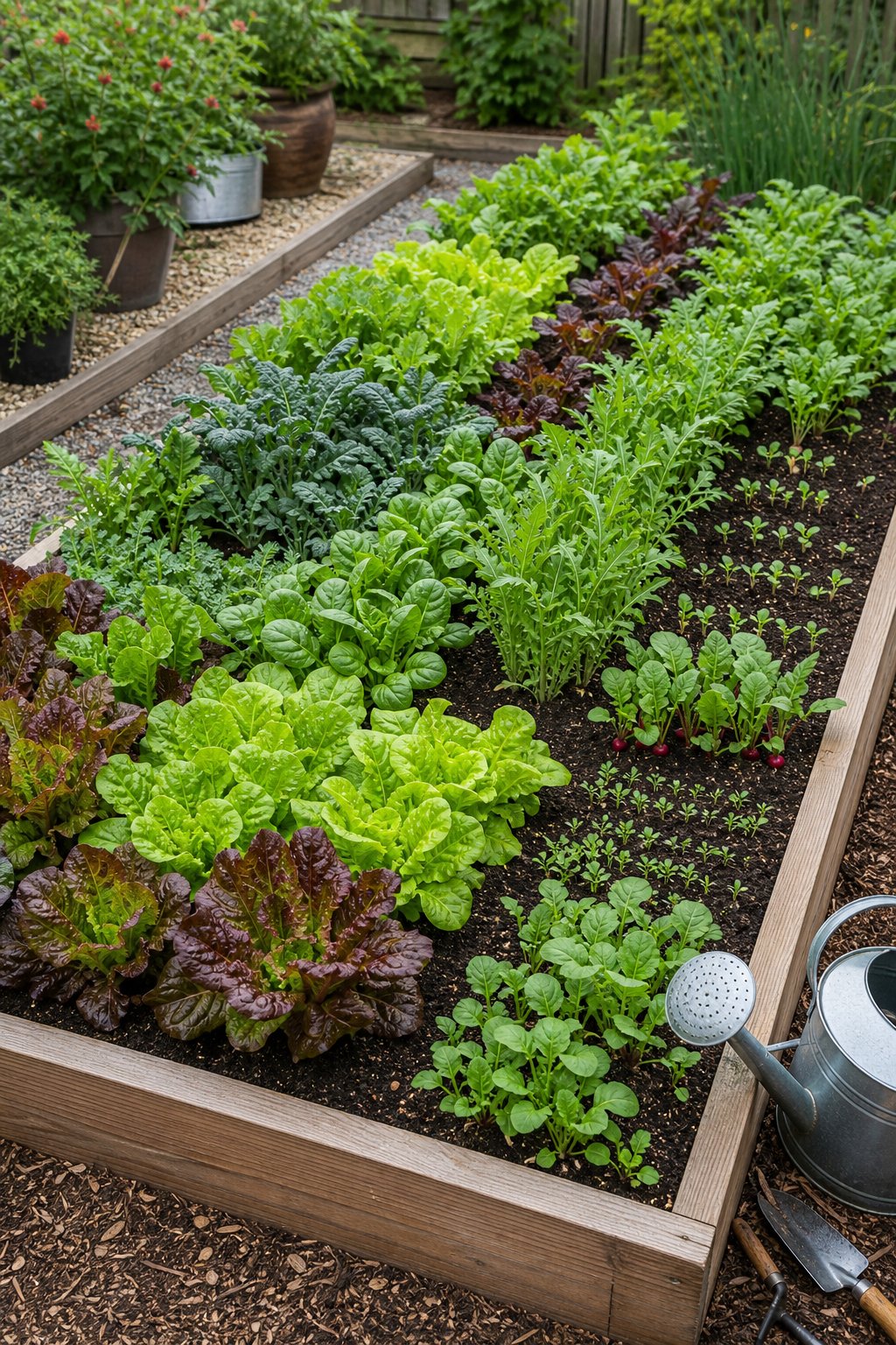 A compact raised garden bed with staggered rows of lettuce, spinach, kale, arugula, and radishes at different growth stages.