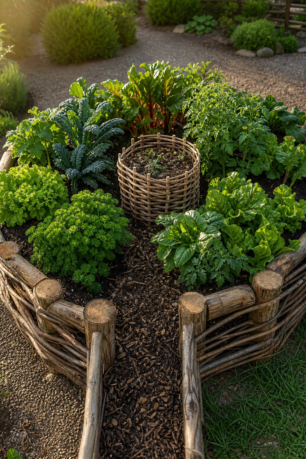 A circular raised garden bed with vegetables surrounding a central compost basket.