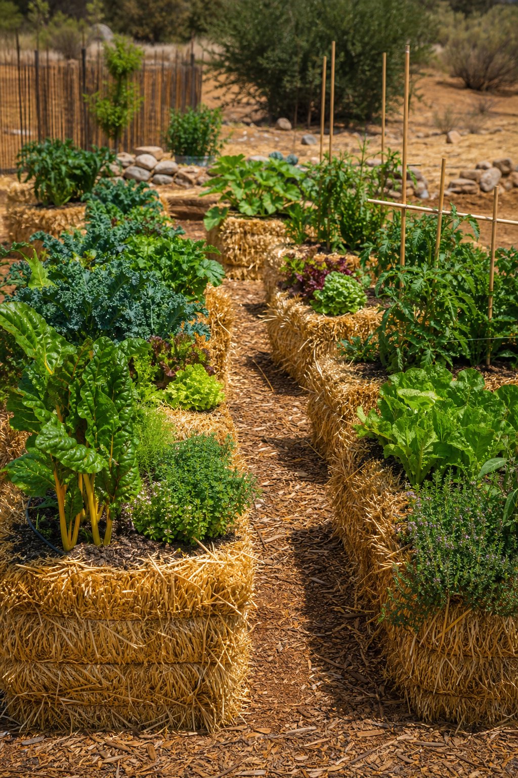 A small vegetable garden with healthy plants growing in rows of straw bales on poor soil.