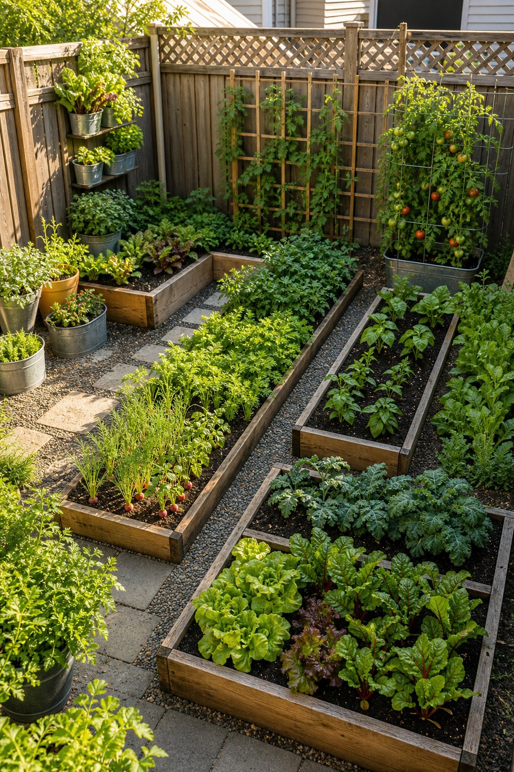 A compact backyard vegetable garden with raised beds, containers, trellises, and clear pathways.