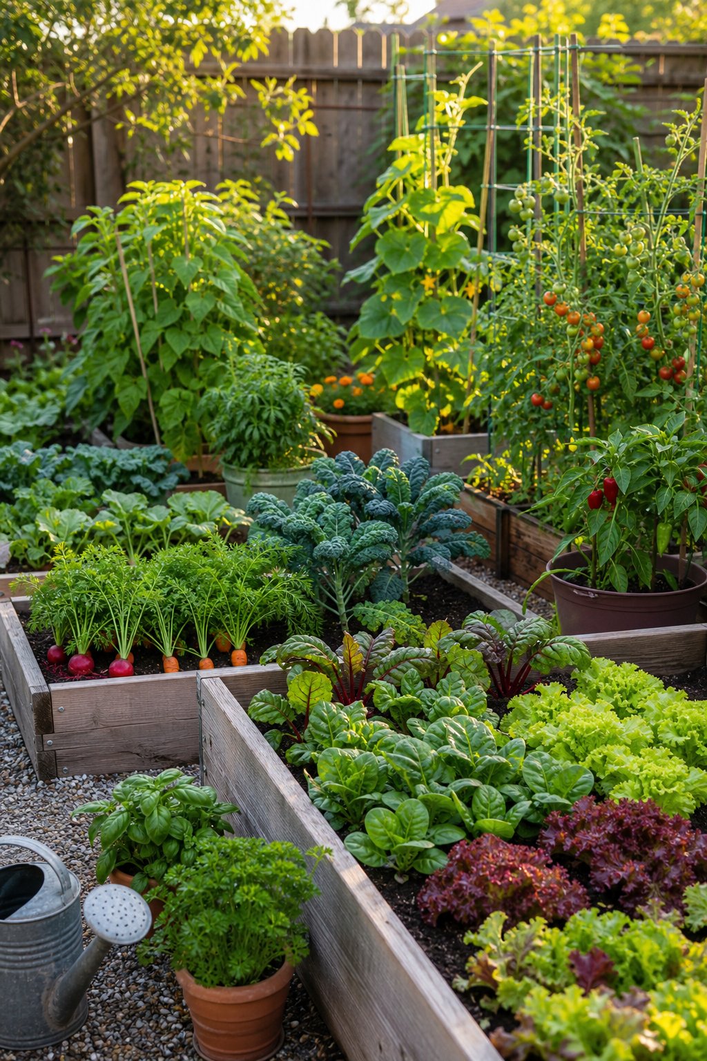 A compact backyard vegetable garden with raised beds, containers, leafy greens, herbs, tomatoes, peppers, beans, and other crops.