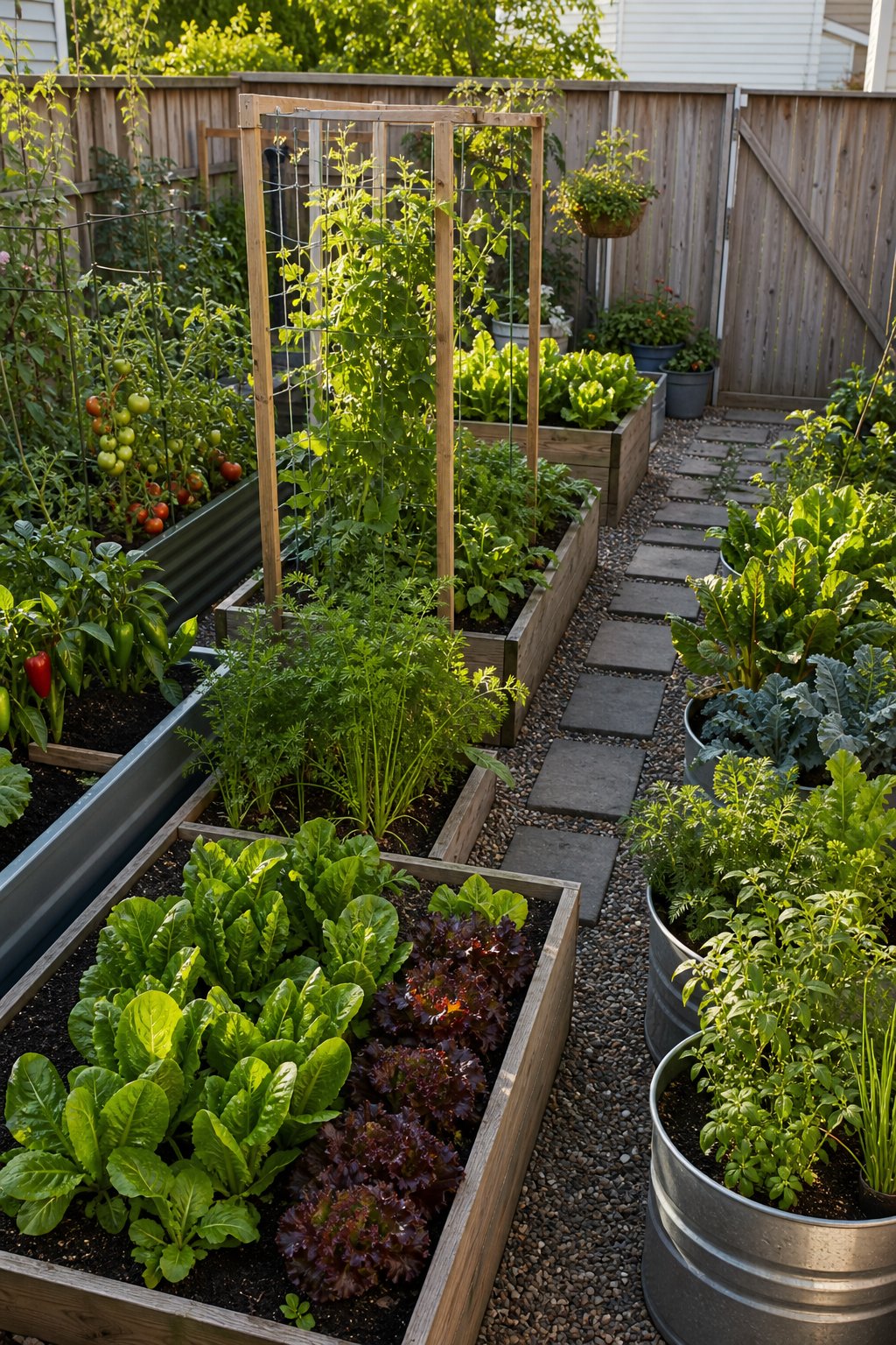 A compact backyard vegetable garden with raised beds, containers, trellises, pathways, and a variety of growing plants.