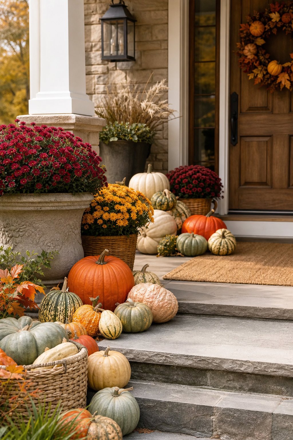 A fall front porch decorated with layered pumpkins, gourds, and colorful chrysanthemums.