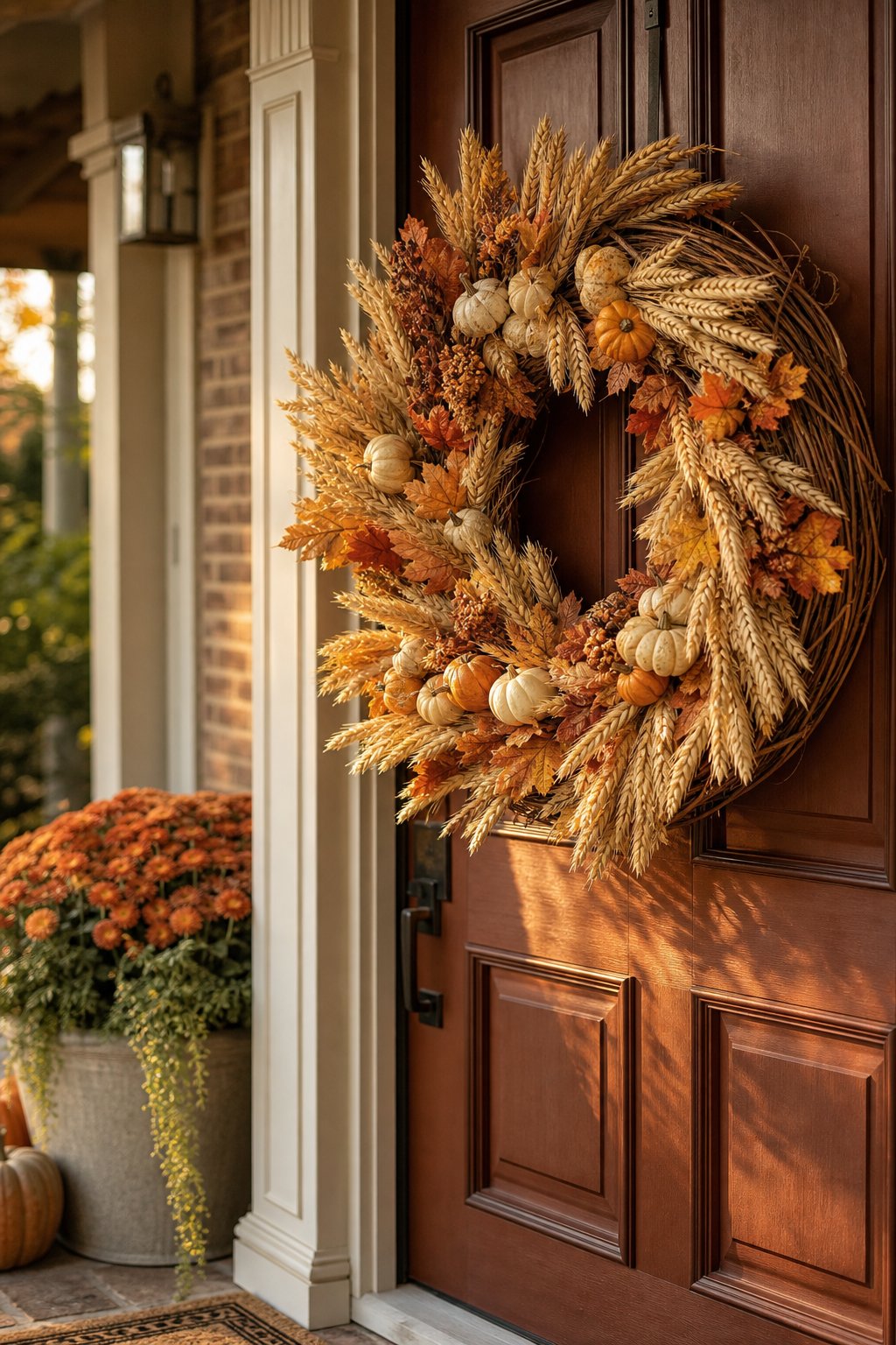 A fall harvest wreath made of dried wheat and mini pumpkins hangs on a front door.