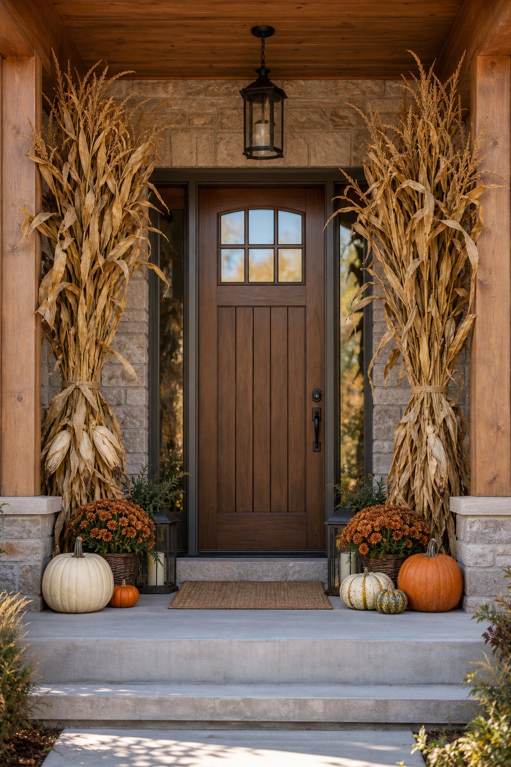 A front door framed by tall bundles of dried cornstalks with pumpkins on an autumn porch.