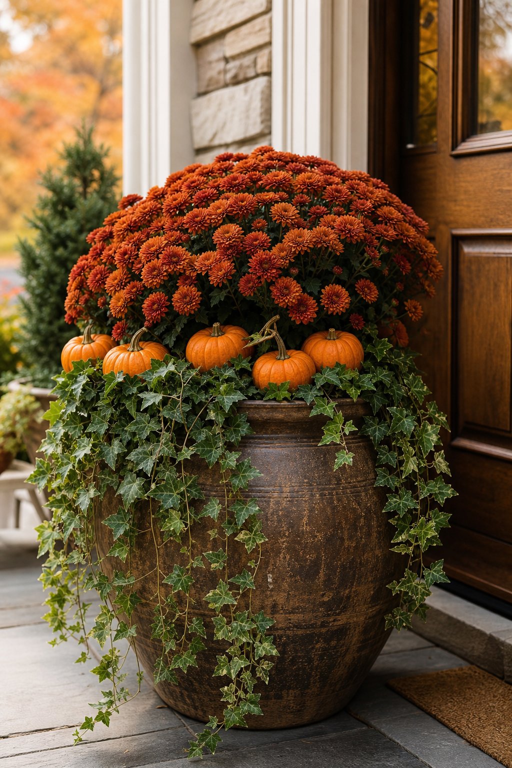 A porch pot filled with rust-colored chrysanthemums, mini pumpkins, and trailing ivy.
