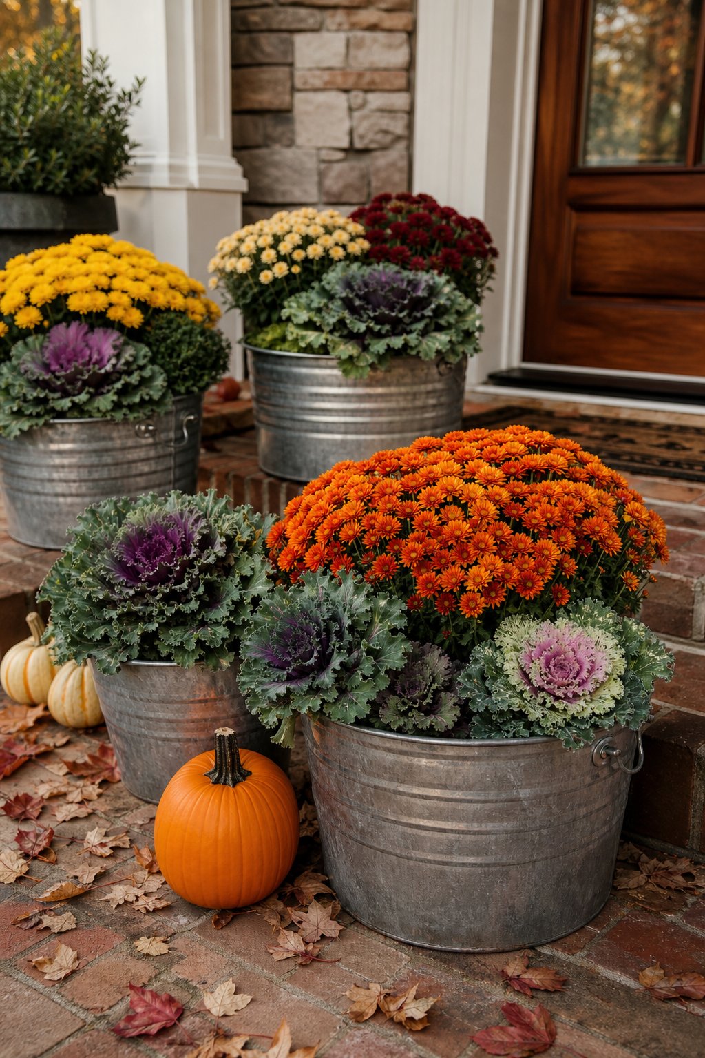 Galvanized tubs filled with colorful fall mums and ornamental kale on a front porch.