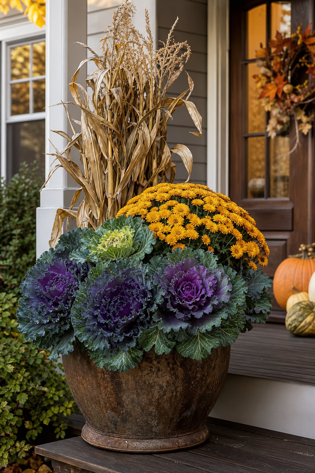 A porch planter filled with ornamental kale, yellow chrysanthemums, and dried cornstalks.